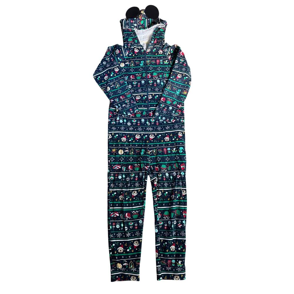 Disney Christmas Pajamas Zip Front Mickey Mouse Ears Blue Pockets Size Small
